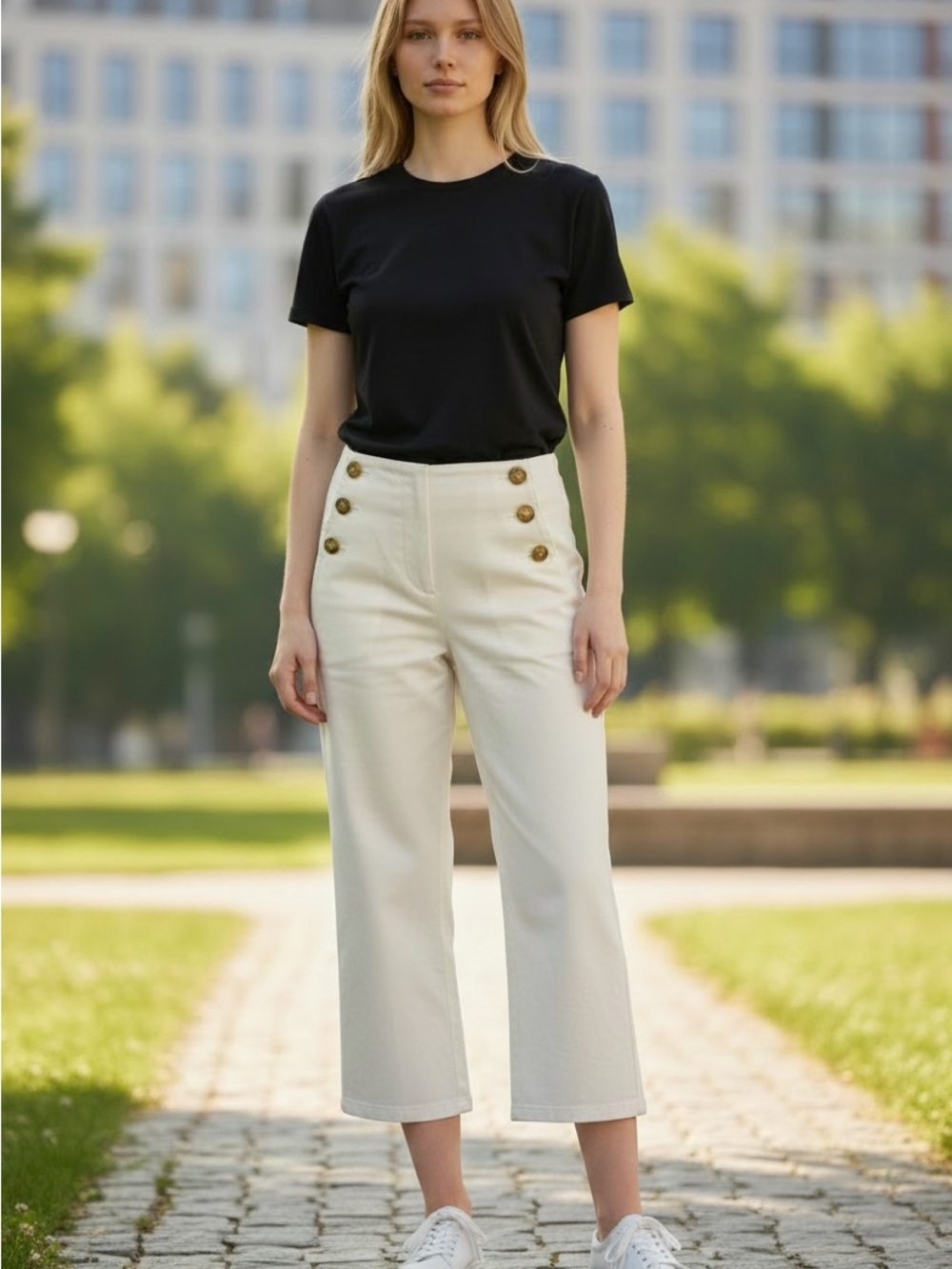 Banana Republic Cream High-Rise Cropped Wide-Leg Pants with Gold Buttons